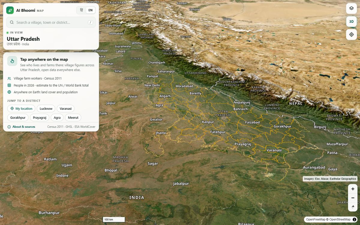 AI Bhoomi 3D map of Uttar Pradesh with district boundaries